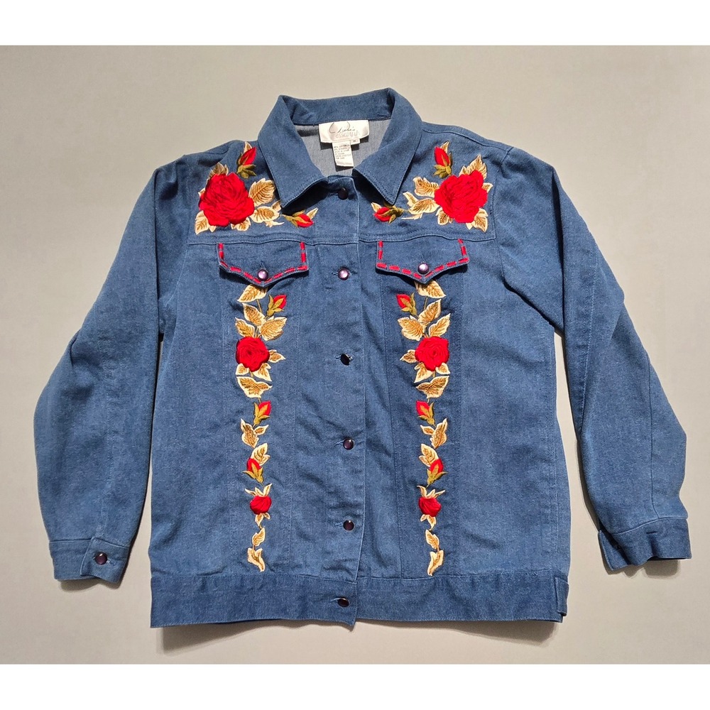 Dianes Essentials Rose Embroidered Denim Jacket Medium Blue Floral Snap Cotton - Picture 2 of 9